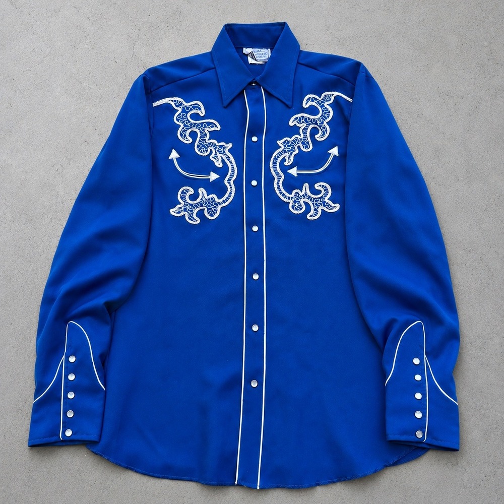 Vintage 60s H Bar C California Ranchwear Blue Embroidered Pearl Snap Shirt 15.5